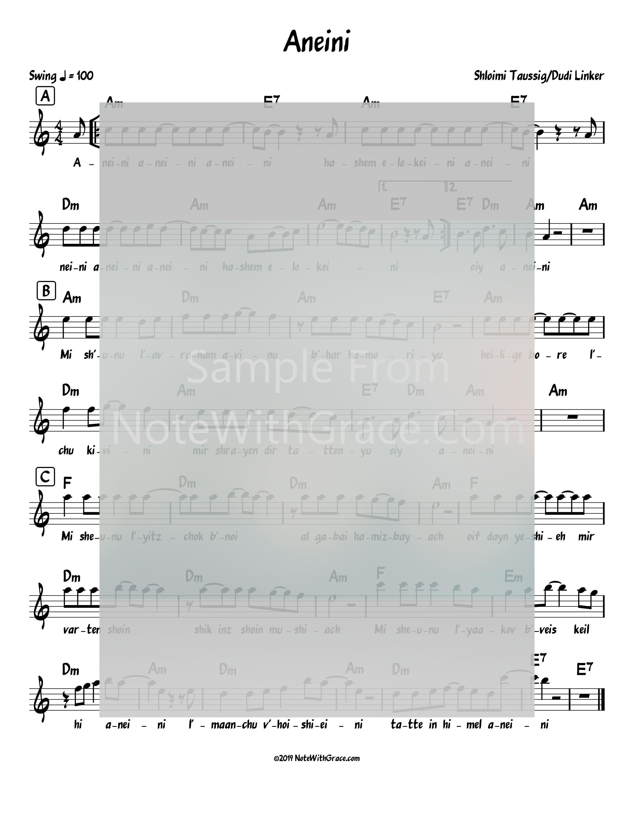 Aneini Lead Sheet (Shloimy Taussig - Dudi Linker) Single-Sheet music-NoteWithGrace.com