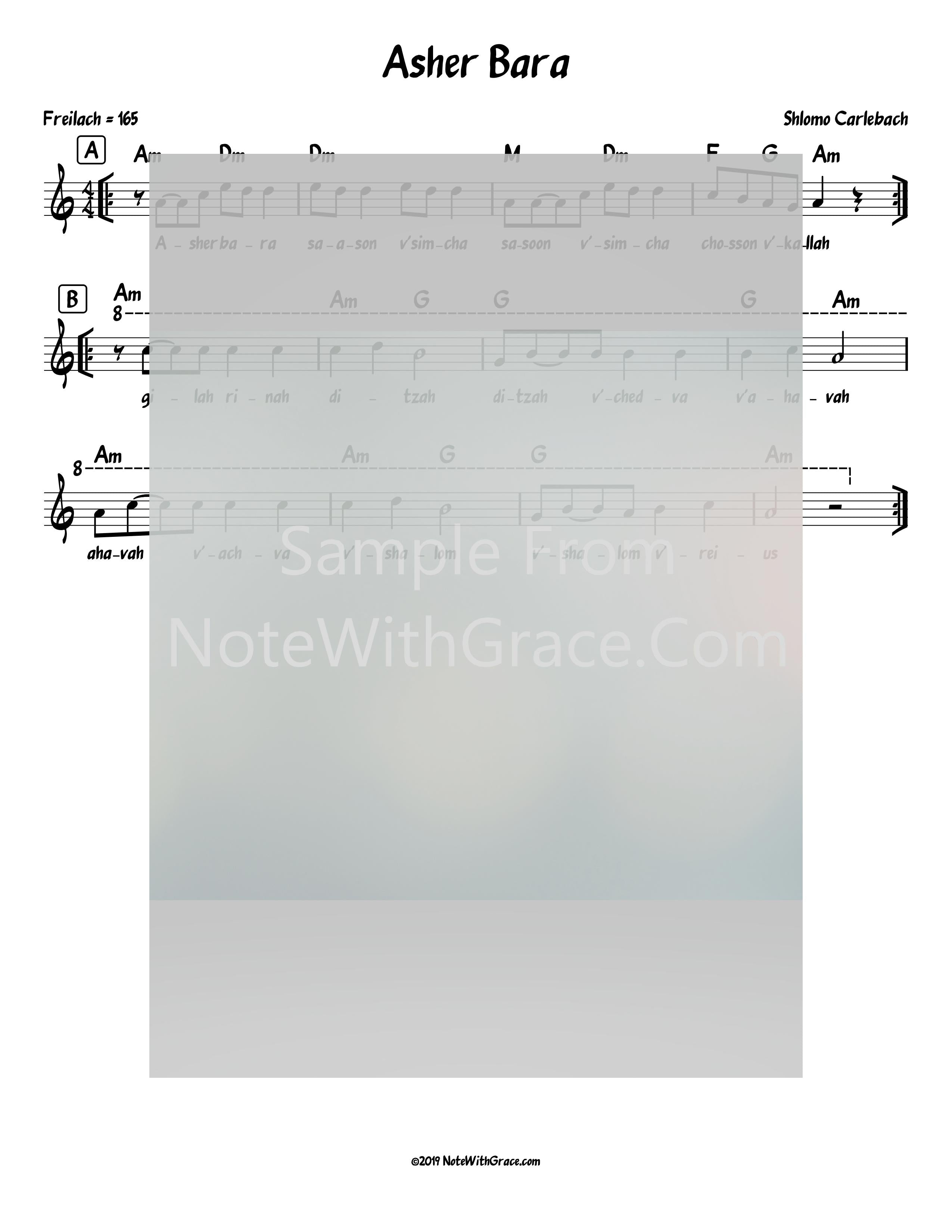 Asher Bara Lead Sheet (Shlomo Carlebach)-Sheet music-NoteWithGrace.com