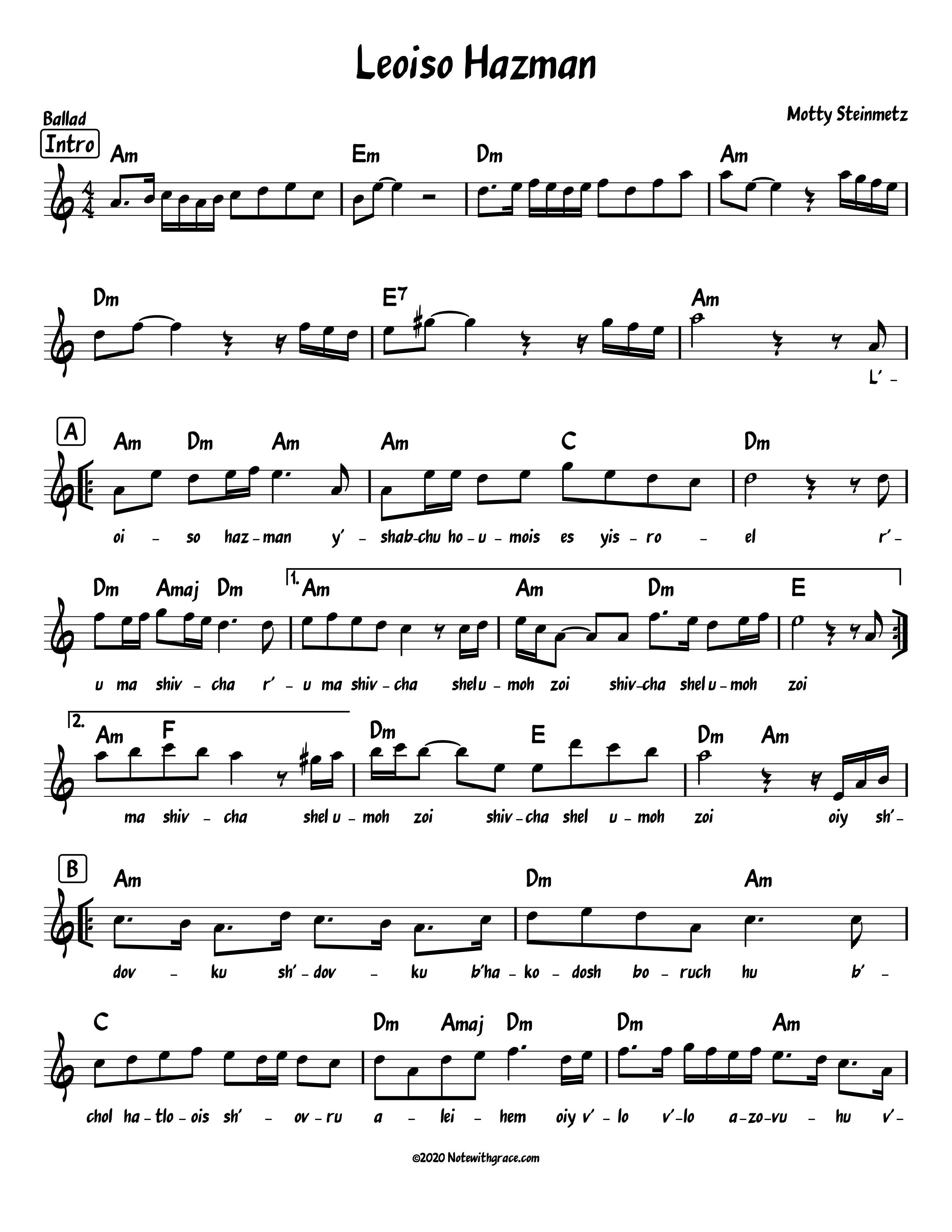 Leoiso Hazman Lead Sheet (Motty Steinmetz) Single 2017-Sheet music-NoteWithGrace.com