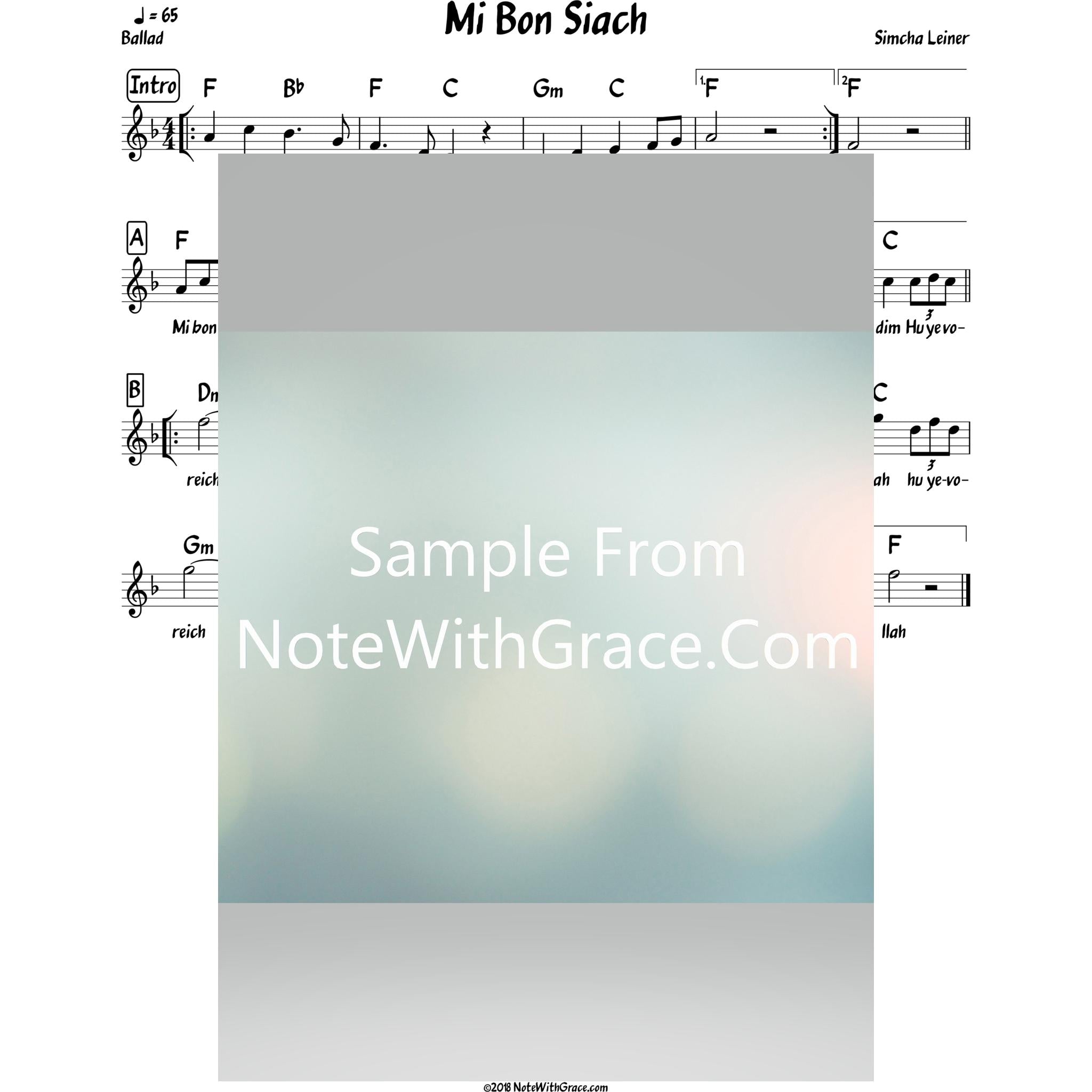 Mi Bon Siach Lead Sheet (Simchah Leiner) Album: Merakeid-Sheet music-NoteWithGrace.com
