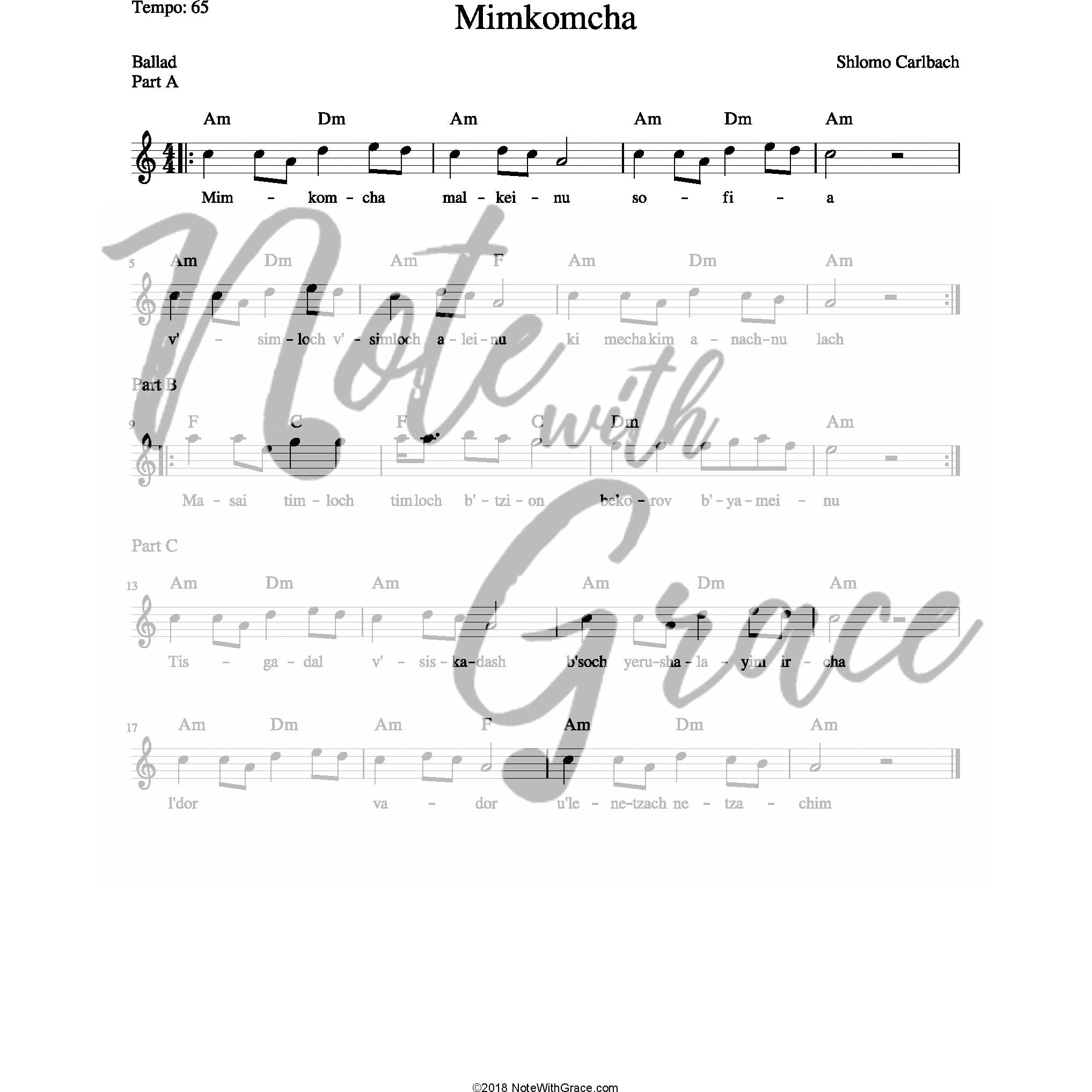 Mimkomcha Lead Sheet (Shlomo Carlbach)-Sheet music-NoteWithGrace.com