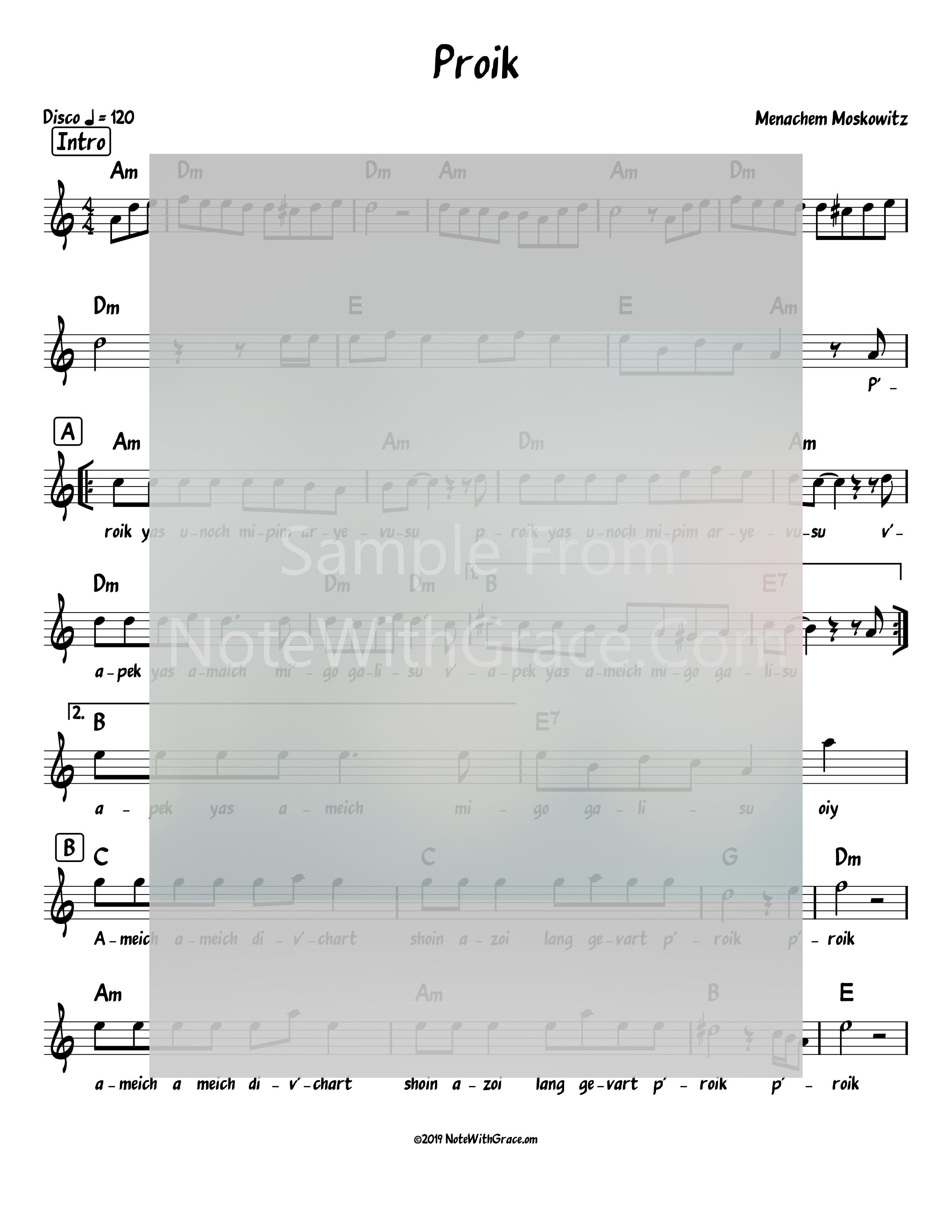 Proik Lead Sheet (Menachem Moskowitz) Album: Shmoi Shel Melech-Sheet music-NoteWithGrace.com