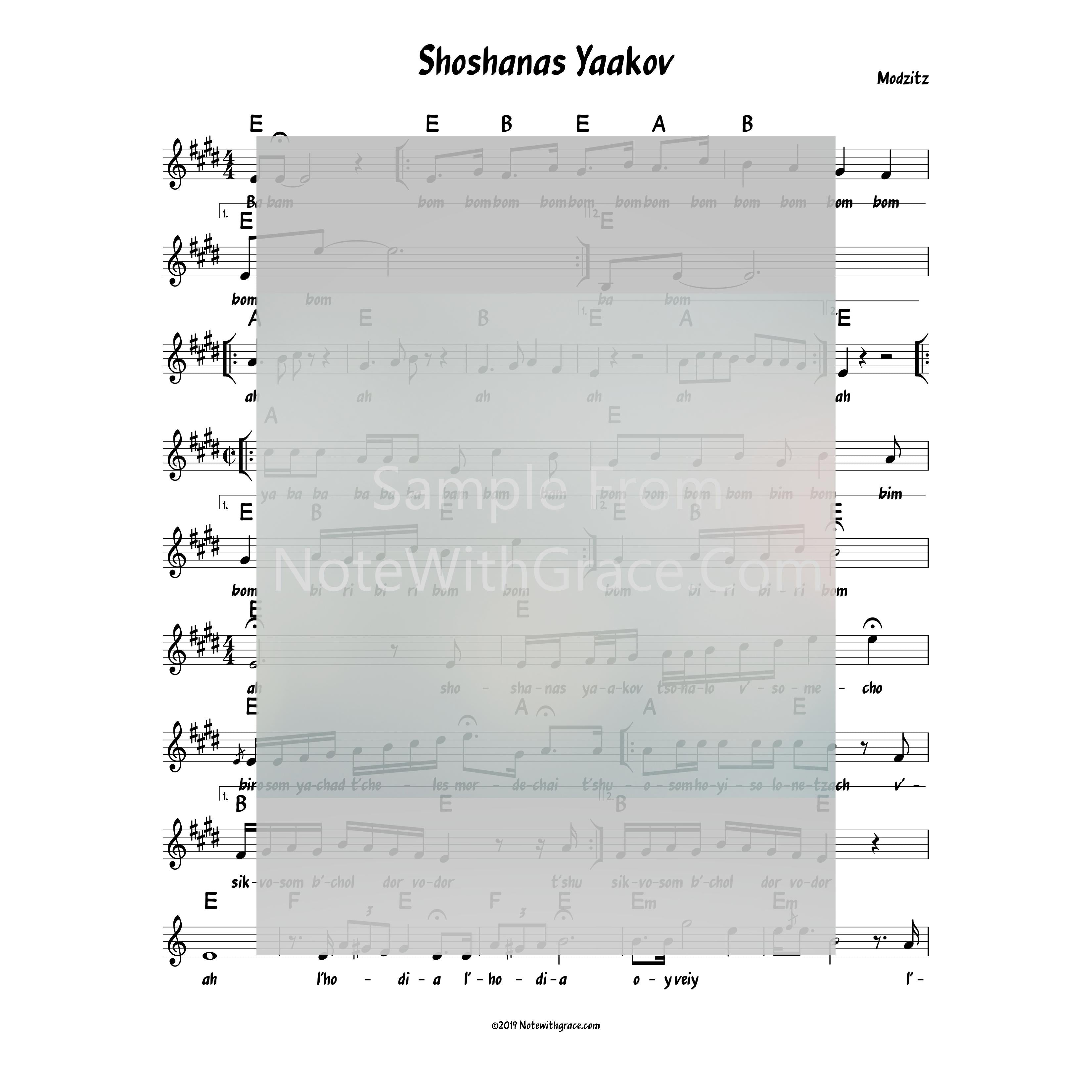 Shoshanas Yaakov Lead Sheet (Moditz) Purim-Sheet music-NoteWithGrace.com