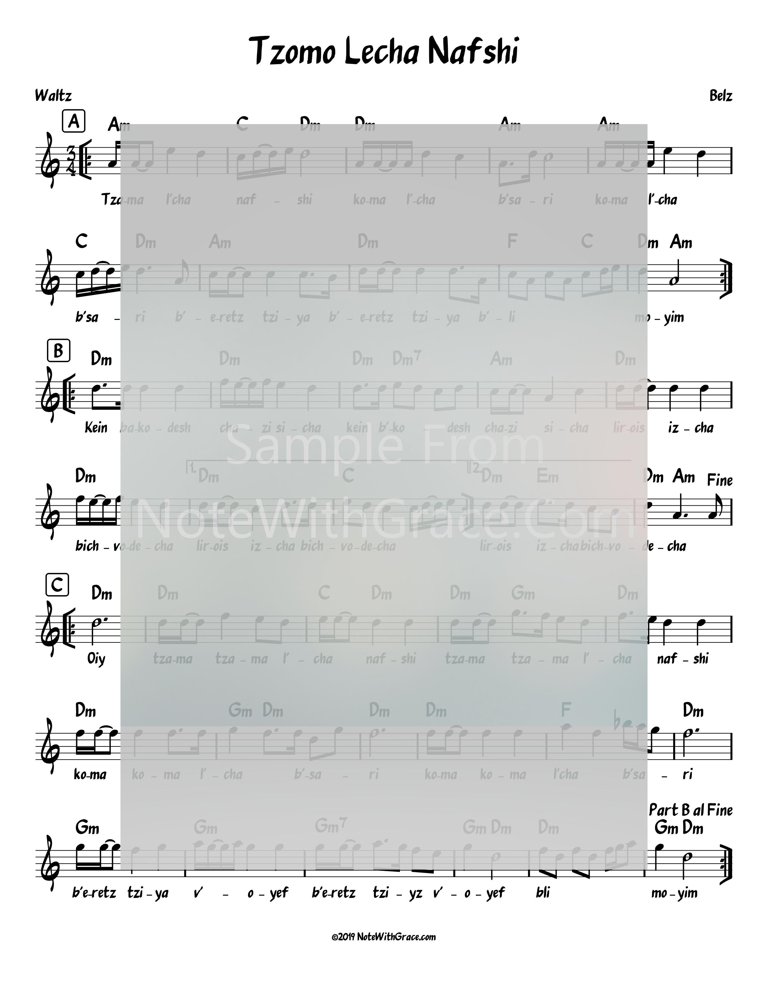 Tzomo Lecha Nafshi Lead Sheet (Belz)-Sheet music-NoteWithGrace.com