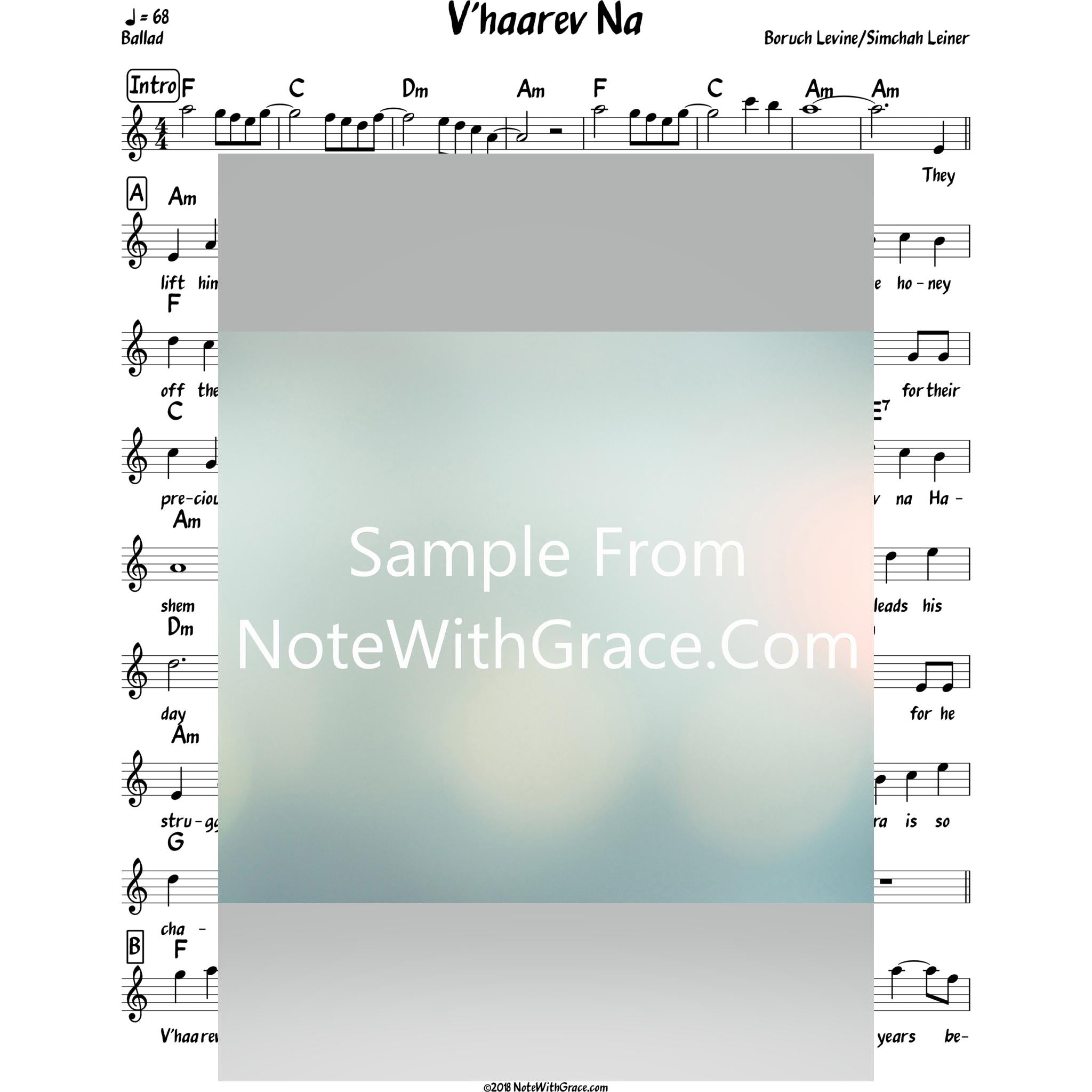 V'haarev Na Lead Sheet (Simchah Leiner/Boruch Levine)-Sheet music-NoteWithGrace.com