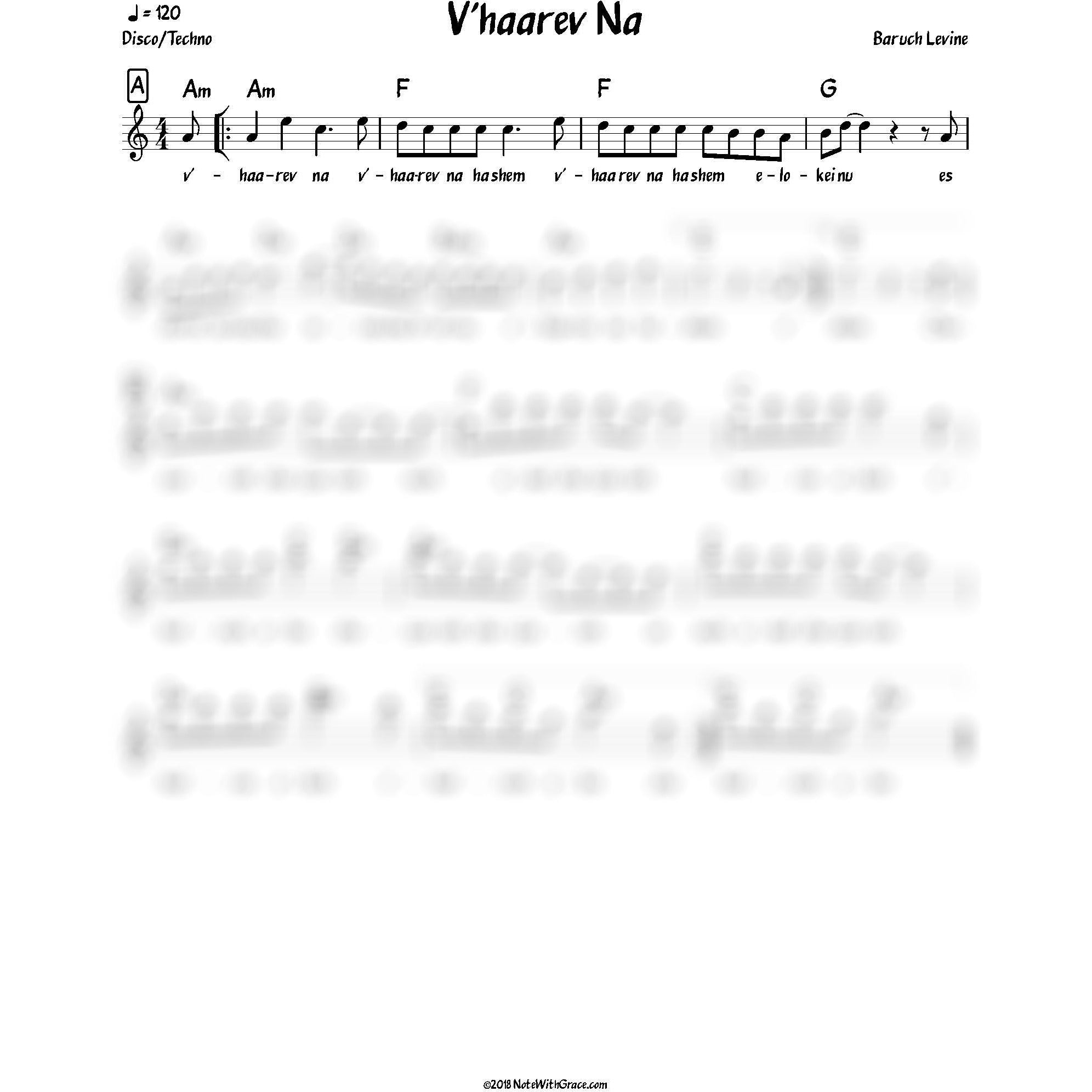 New V'haarev Na Lead Sheet (Benny Friedman/Boruch Levine) V'haarev Na 2018-Sheet music-NoteWithGrace.com