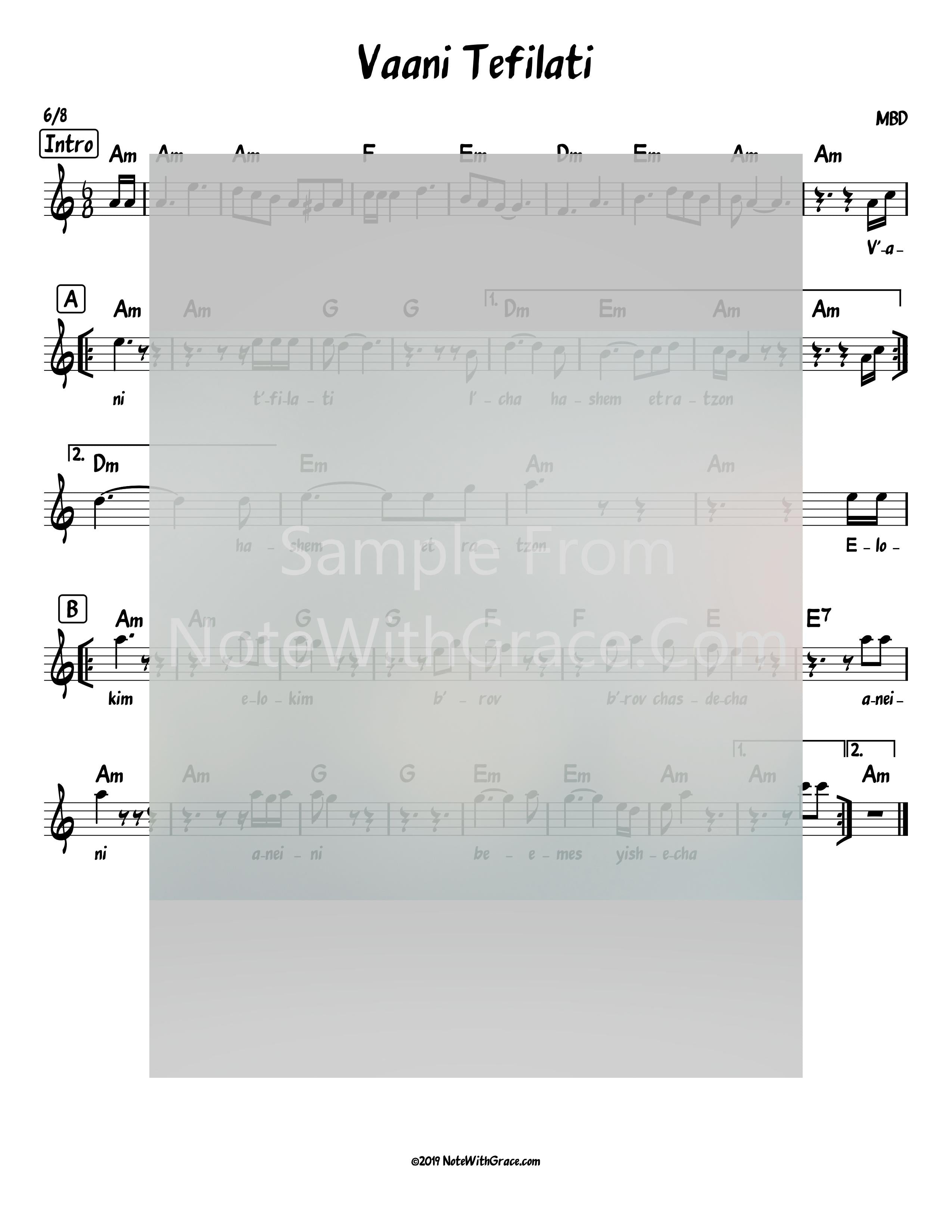 Vaani Tefilati Lead Sheet (MBD) Album: Neshama 1981-Sheet music-NoteWithGrace.com